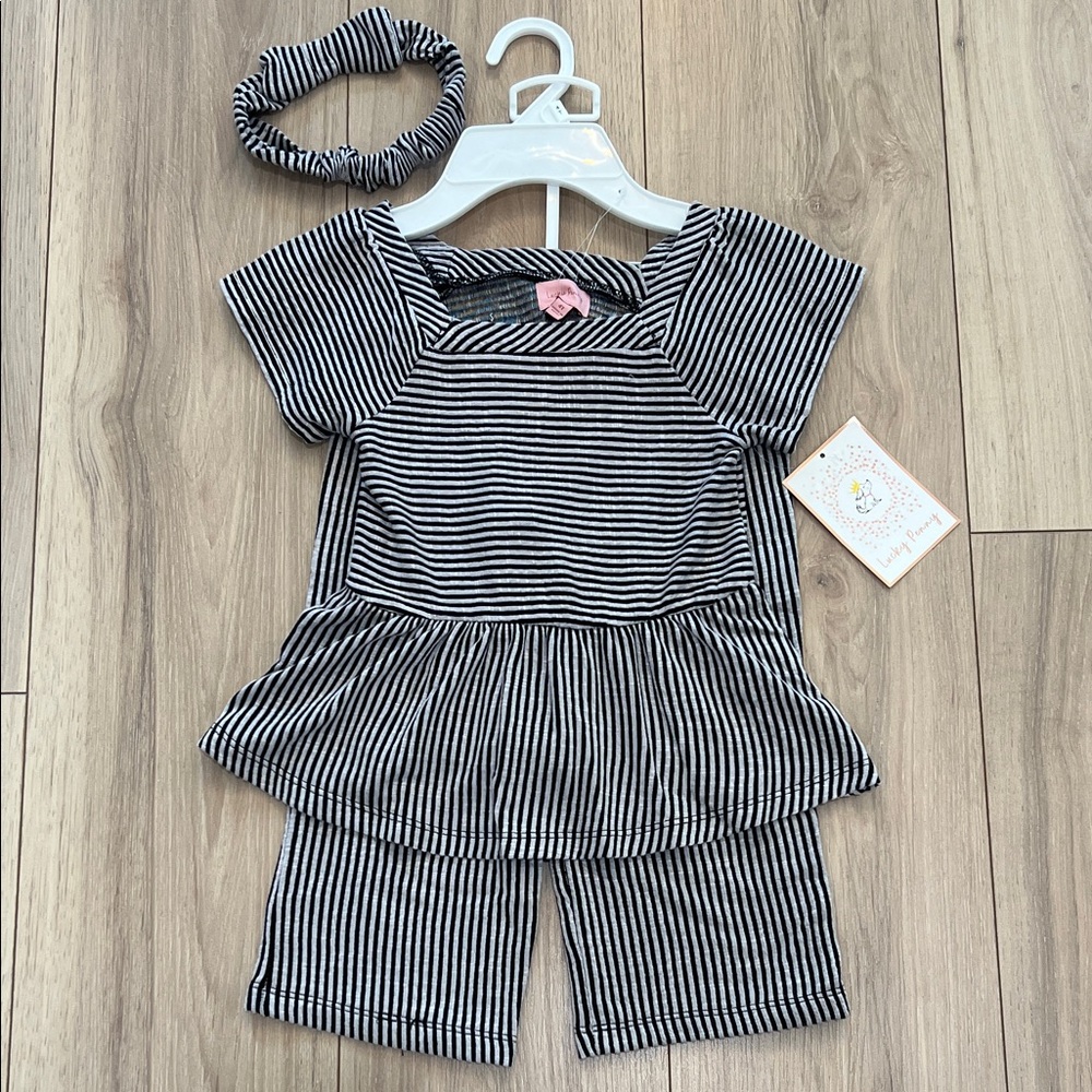 New Lucky Penny Striped Black and White Kids Shirt, Pants, and Headband Set